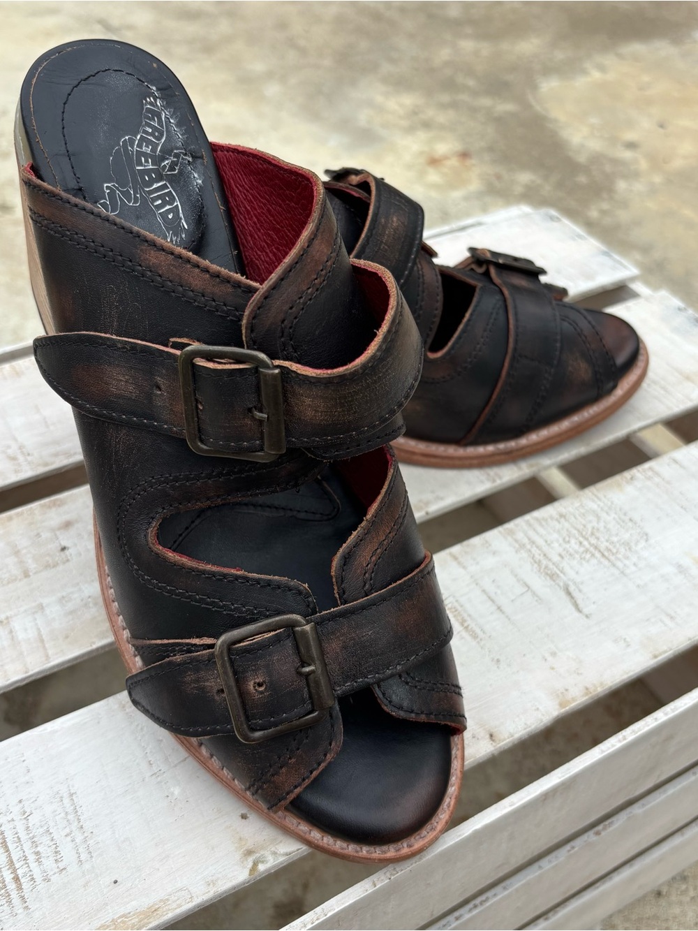 Freebird Caprice Leather Sandals Sz 10 Blk Distressed Double Buckle Mules Clogs